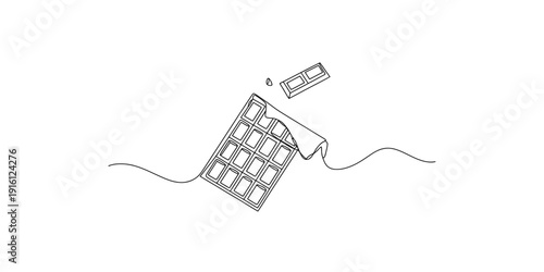 Continuous line drawing of a chocolate bar with one square piece broken off and floating. Vector, illustration