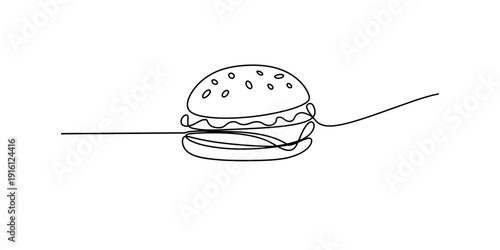 Minimalist one line art illustration of a classic beef burger with lettuce and bun. Vector, illustration