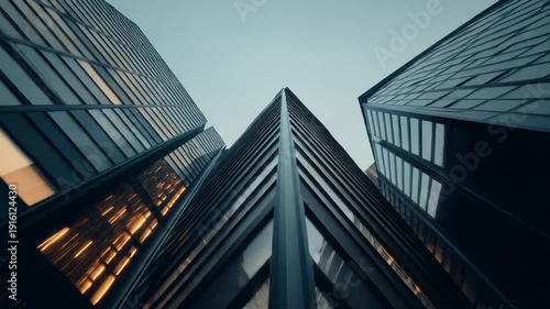 Wallpaper Mural Modern city skyscrapers standing tall, their glass facades reflecting golden light and the urban environment, creating a sense of growth, corporate life, and architectural innovation Torontodigital.ca