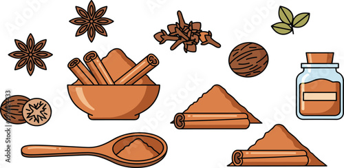 Cinnamon sticks and ground spices set, colorful vector illustrations with star anise, cloves, nutmeg and spice powder in a bowl and spoon isolated on white background.