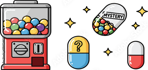 Colorful gumball machine and mystery capsules set, flat vector illustrations with red candy dispenser, surprise toy capsules and sparkling stars isolated on white background.