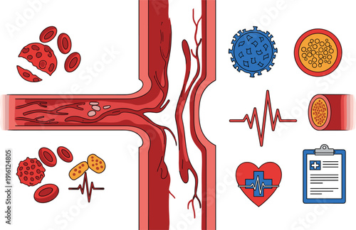 Human blood vessels and circulatory health icons set, flat vector illustrations of arteries with blood cells, heartbeat pulse, virus and medical clipboard isolated on white background.