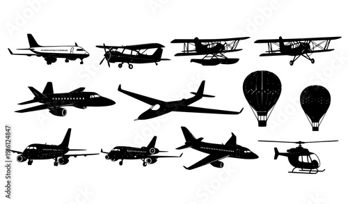 Airplane Vector Silhouette Set with Commercial, Cargo, and Private Aircraft