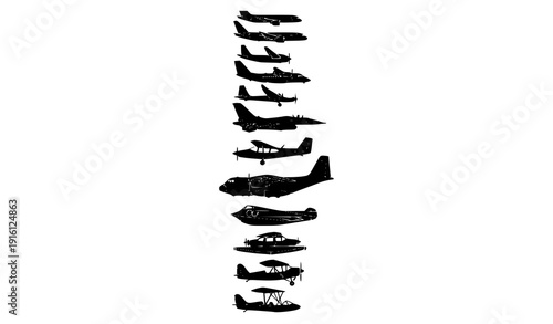 Vertical Airplane Vector Icon Set with Different Types of Aircraft Silhouettes