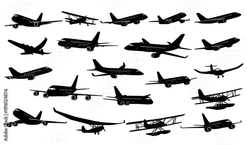 Scattered Airplane Vector Silhouette Set with Commercial, Cargo, and Private Aircraft