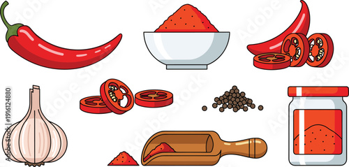 Red chili pepper and spicy ingredients set, flat vector illustrations with chili powder bowl, garlic, sliced peppers, peppercorns and wooden scoop isolated on white background.