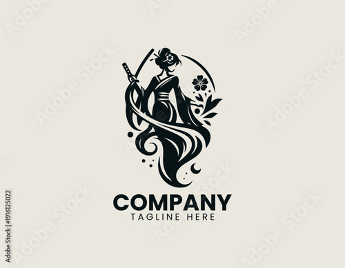 An elegant, stylish woman in traditional Japanese clothing holding a katana black vector logo illustration