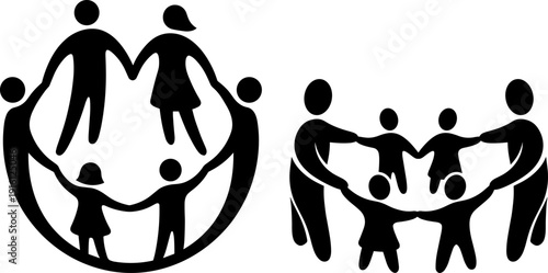 Family Protection and Unity Silhouette Icon Showing Parents and Children Holding Hands in Circle Symbolizing Love, Care and Togetherness