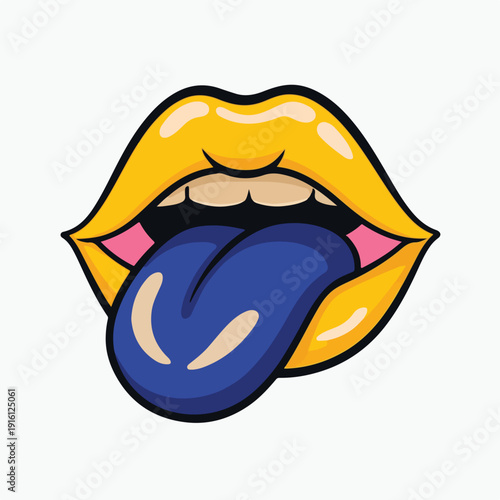 Vibrant cartoon illustration of an open mouth with thick glossy yellow lips sticking out a prominent deep blue tongue in a playful and provocative gesture, perfect for graphic design elements.