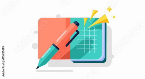 A teal and orange pen rests on a notepad and calendar.