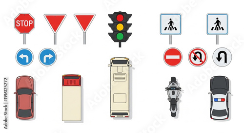 Collection of traffic signs and vehicles from a top view.