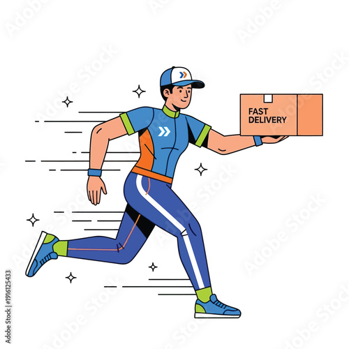 Dynamic male courier running swiftly with a package, symbolizing fast delivery and efficient logistics for e-commerce. Energetic illustration highlighting rapid parcel transport and reliable service