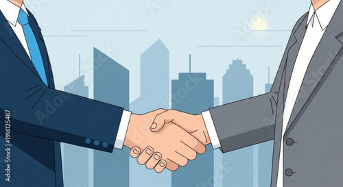Two businessmen shaking hands in front of a city skyline
