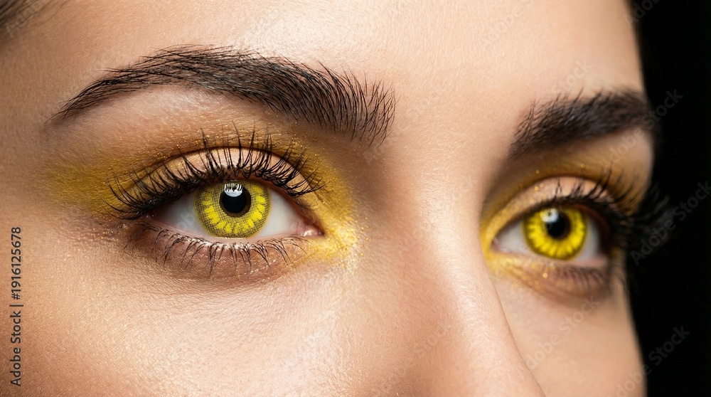 Fototapeta premium “Extreme Macro Yellow Contact Lens Eyes, Futuristic Beauty Fashion Editorial Closeup