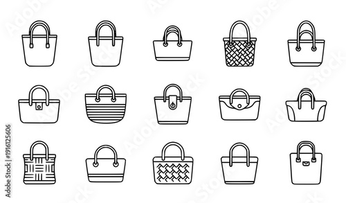 Minimal line beach bag icons summer accessory vector set