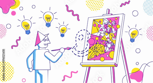 Artist with ideas painting on easel with lightbulbs surrounding.