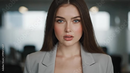 Wallpaper Mural Close-up portrait of a serious and determined young professional woman with long hair wearing a grey blazer in an office setting. Torontodigital.ca