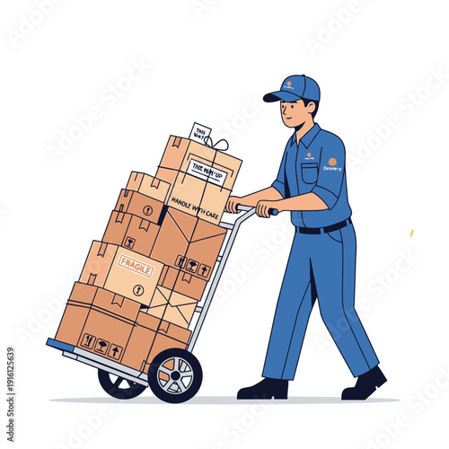 Professional delivery man in a blue uniform pushing a hand truck loaded with numerous cardboard packages for efficient shipping and logistics services