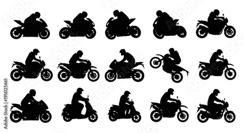Collection of Motorcycle Rider Silhouettes in Various Poses.