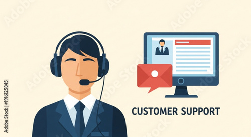 A customer support representative wearing a headset and assisting a client on a computer