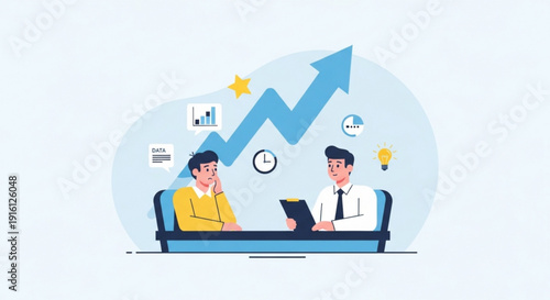 A vector graphic illustration of two businessmen discussing ideas with a growing graph in the background