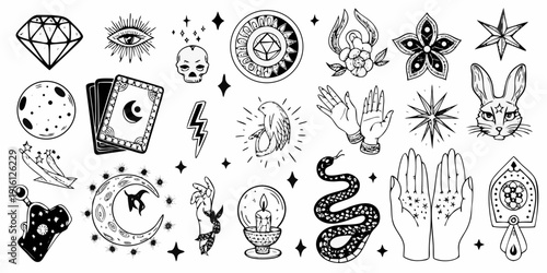 Mystical designs featuring occult symbols celestial bodies and animal imagery