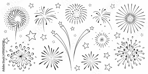 Black and white illustration of various stylized firework designs and stars
