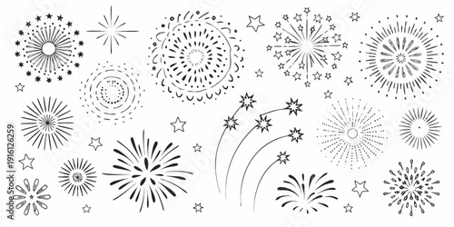 Intricate collection of hand drawn fireworks and celebratory starburst patterns