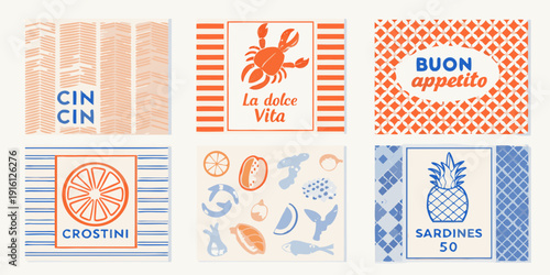 Collection of six colorful square tiles with italian summer themed illustrations