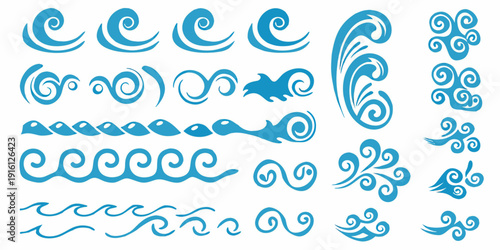 Collection of stylized blue wave and swirl vector elements