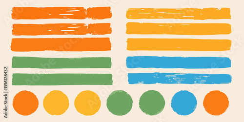 Abstract composition of colorful horizontal brushstrokes and corresponding circles