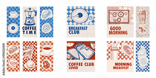 Vintage style breakfast and coffee themed illustrations in a grid layout
