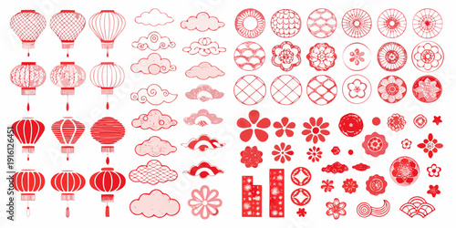 Red chinese lanterns clouds and floral patterns arranged in a decorative grid