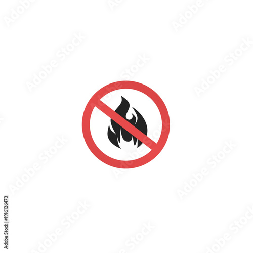 Minimalist black vector icon of a flame inside a red prohibition circle. Universal safety warning sign for no open fire and flammable materials.