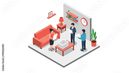 Isometric office meeting: team discussion in cozy workspace with furniture and plants