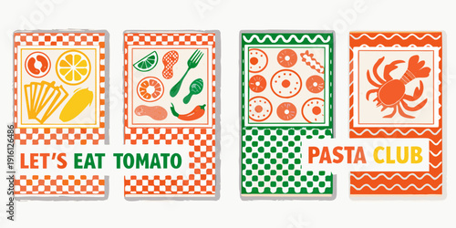 Four retro style food postage stamps with vibrant illustrations and text
