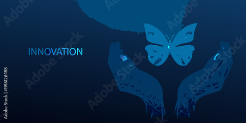 Hands cradling a butterfly with the word innovation displayed