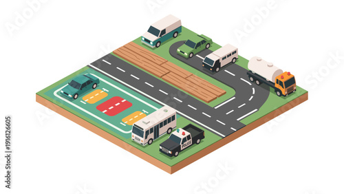 Isometric 3d city traffic scene with cars and trucks on roads and parking