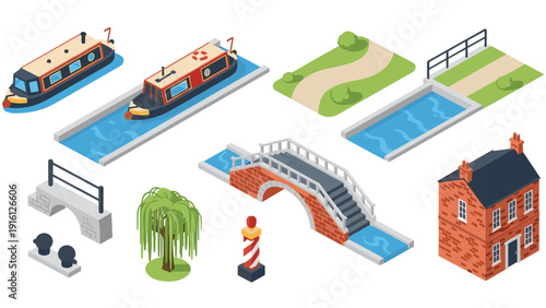 Isometric canal scene with narrowboats, bridges, and brick house