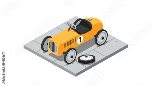 Isometric vintage race car on paved surface