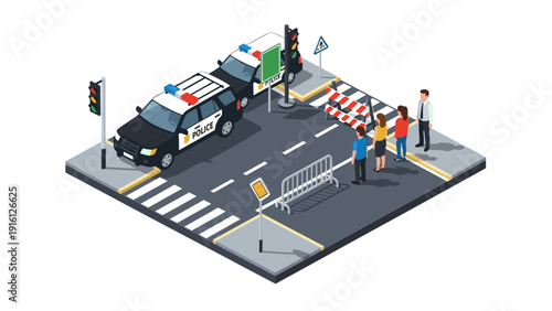 Busy urban intersection with police cars and pedestrians in isometric view