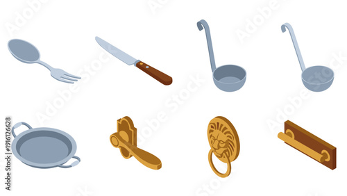 Isometric kitchen utensils and accessories: ladles, pans, and door handles