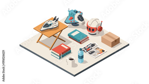 Retro workspace with space toys and books in isometric style