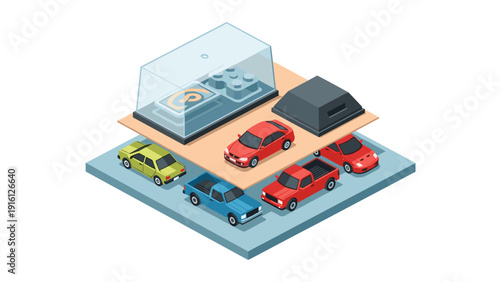 Isometric car dealership with showcase and parking levels