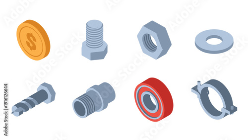 Isometric mechanical parts collection: nuts, bolts, bearings, and more in 3d detail