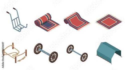 Isometric garden tools and accessories: rakes, reels, wheels, covers, climbing frame