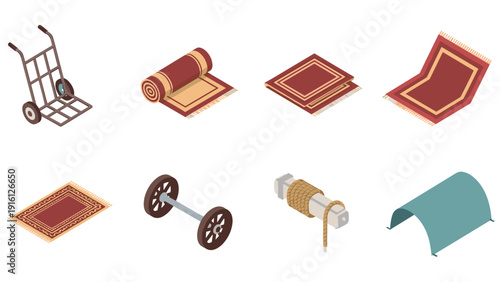 Isometric carpet transport and tools set: trolley, rugs, wheels, winch, and storage
