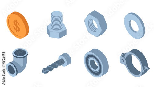 Industrial tool set with 3d metal components: bolts, nuts, and more