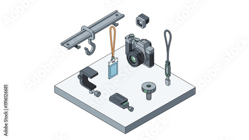 Isometric camera and accessories on display with technology and photography equipment