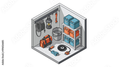 Organized garage corner with tools and storage in isometric view